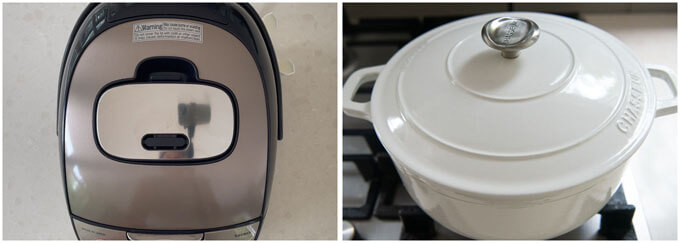 Showing the photo of my rice cooker and cast iron pot.