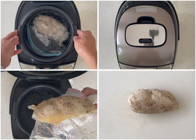 Step-by-step photo of cooking chicken in a rice cooker.