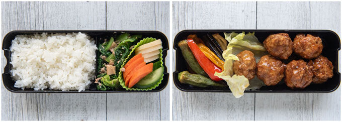 Showing how to pack Meatball Bento in a double decker bento box.