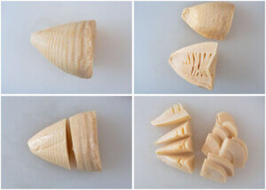 Step-by-st4p photo of cutting a thick Japanese bamboo shoot.