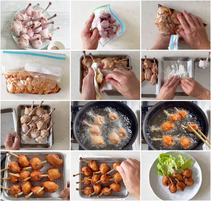 Step-by-step photo of making Karaage Chicken Lollipops.