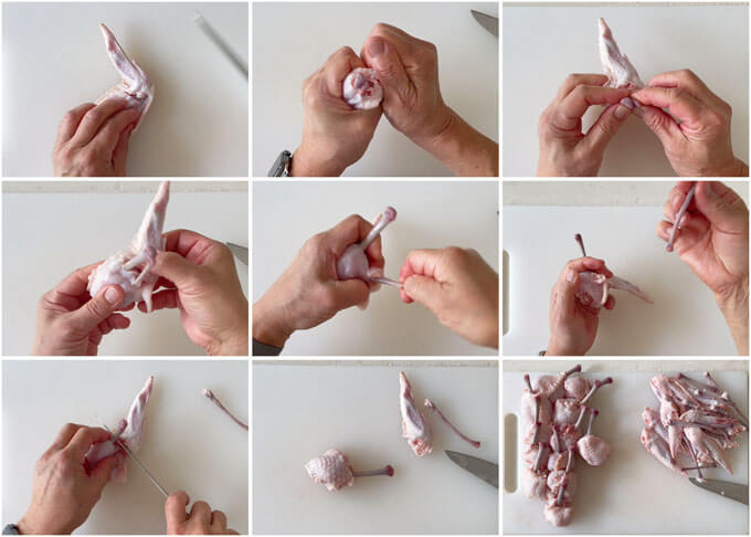 Step-by-step photo of how to make chicken lollipops.