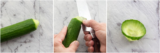 Showing how to make a little wasabi container with cucumber.