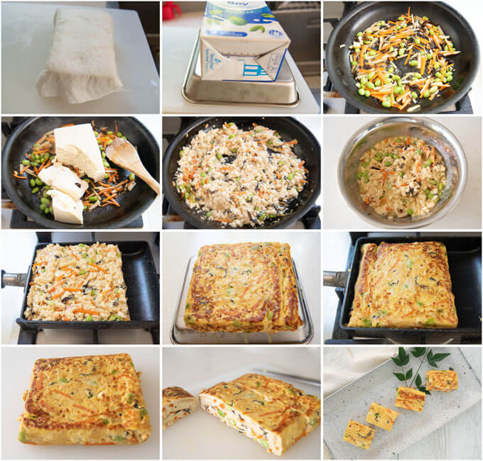Step-by-step photo of making Imitation tofu Omelette (Gisei Tofu) using tamagoyaki pan.