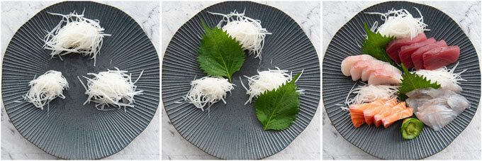 Showing how to plate sashimi with daikon and perilla.