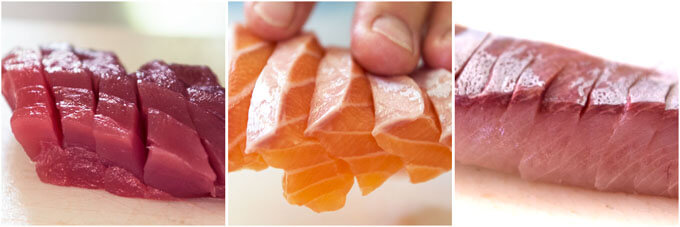 Tuna, salmon, and kingfish sashimi.