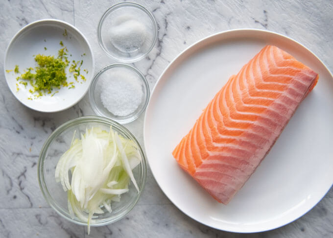 Ingredients for Marinated Salmon Sashimi in Yuzu, excluding the ingredients for marinade.