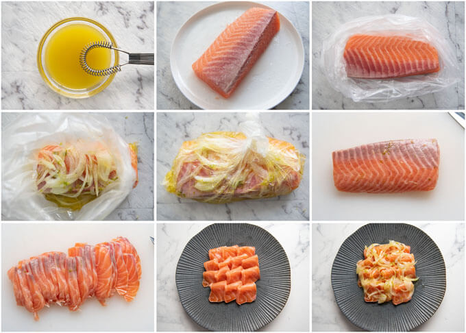 Step-by-step photo of making Marinated Salmon Sashimi in Yuzu.