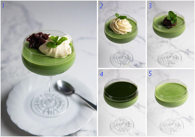 5 ways of serving Matcha pudding.