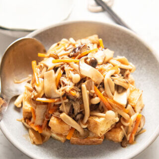 Hero shot of Fried Tofu with Thick Mushroom Sauce (Mushroom Ankake).