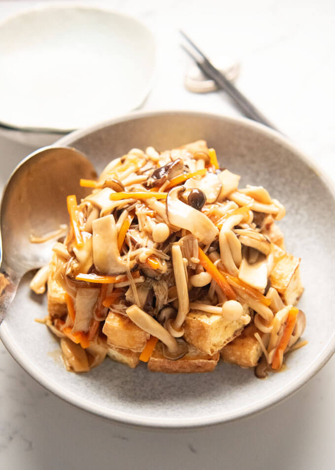 Fried Tofu with Thick Mushroom Sauce (Mushroom Ankake)