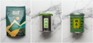Three brands of matcha powder.