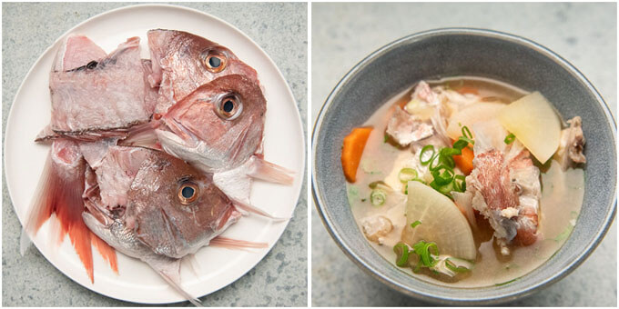 Snapper arajiru in a bowl and the snapper head & bones.