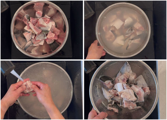 Step-by-step photo of cleaning kingfish pieces.