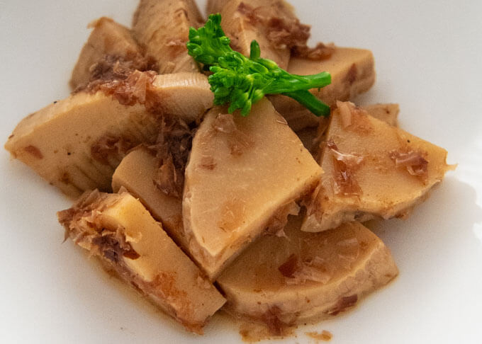 Zoomed-in photo of Simmered Bamboo Shoots with Bonito Flakes (Takenoko no Tosani).