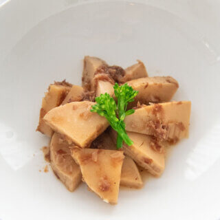 Hero shot of Simmered Bamboo Shoots with Bonito Flakes (Takenoko no Tosani).