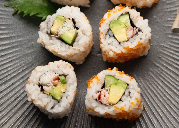 Zoomed-in photo of California Rolls.