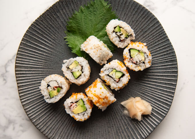 Top-down photo of California Rolls.