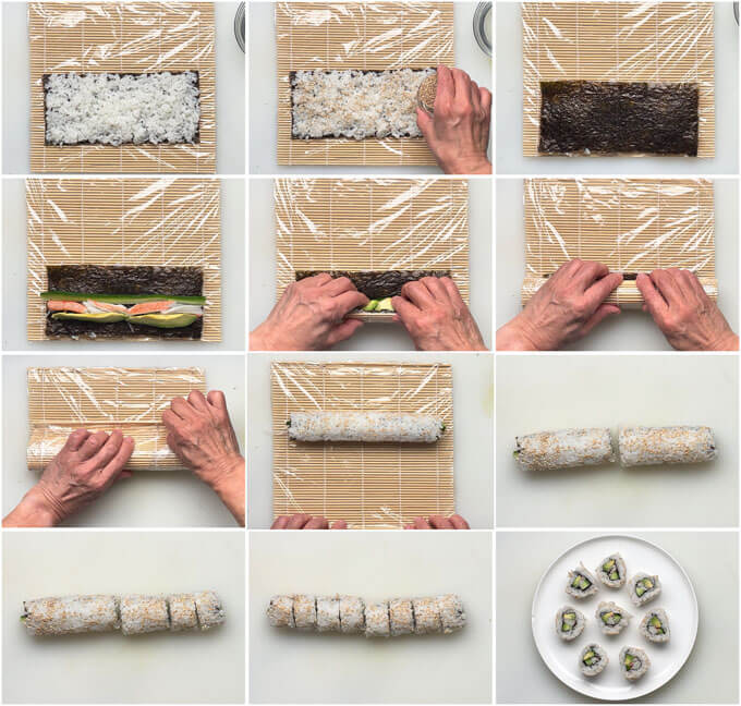 Step-by-step photo of making California Rolls.