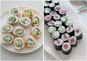 Uramaki sushi rolls (left) and norimaki (right).
