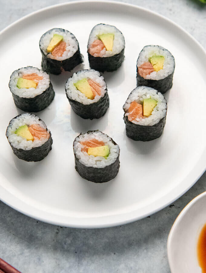 Hero shot of Salmon Avocado Rolls.