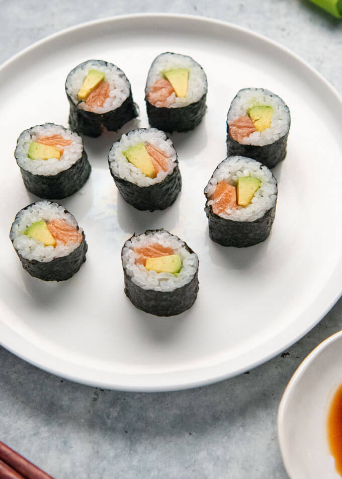 Hero shot of Salmon Avocado Rolls.