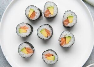 Tp-down photo of Salmon Avocado Rolls.