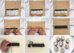 Step-by-step photo of making Salmon Avocado Rolls.