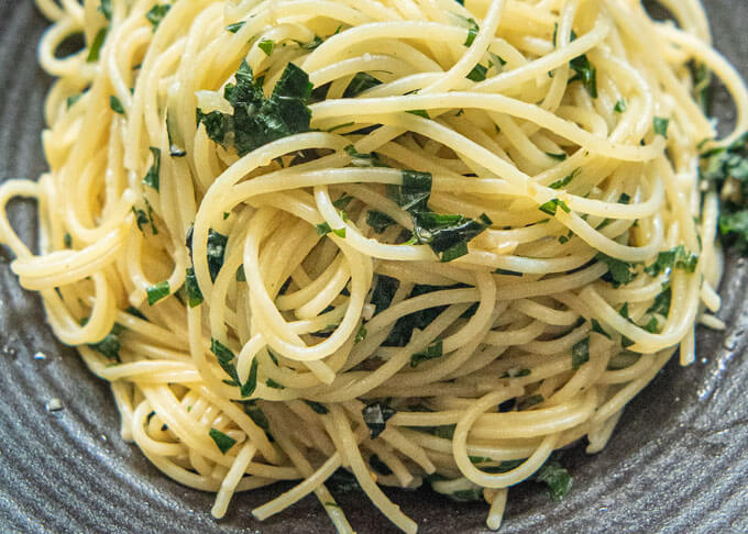Zoomed-in photo of Shiso Garlic Butter Pasta with Yuzu Koshō.