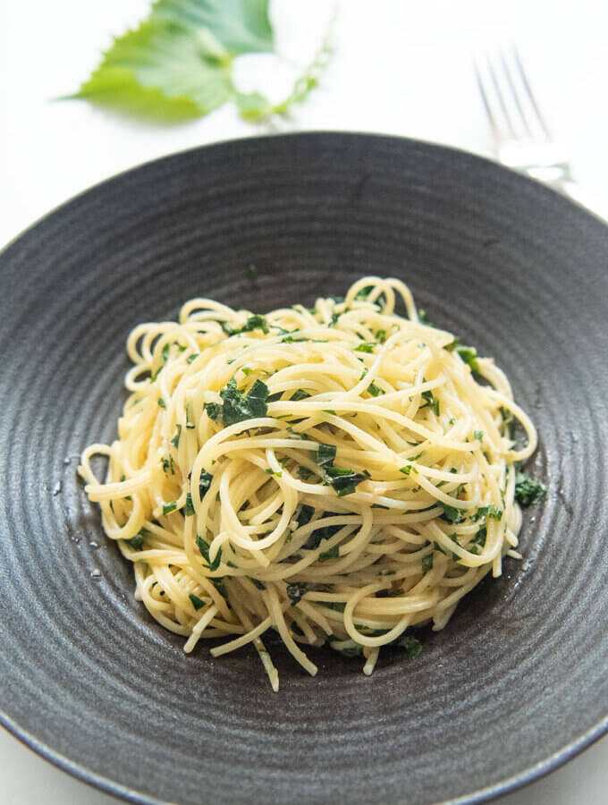 Hero shot of Shiso Garlic Butter Pasta with Yuzu Koshō