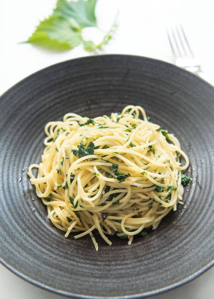 Hero shot of Shiso Garlic Butter Pasta with Yuzu Koshō