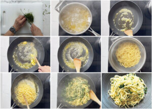 Step-by-step photo of making Shiso Garlic Butter Pasta with Yuzu Koshō.