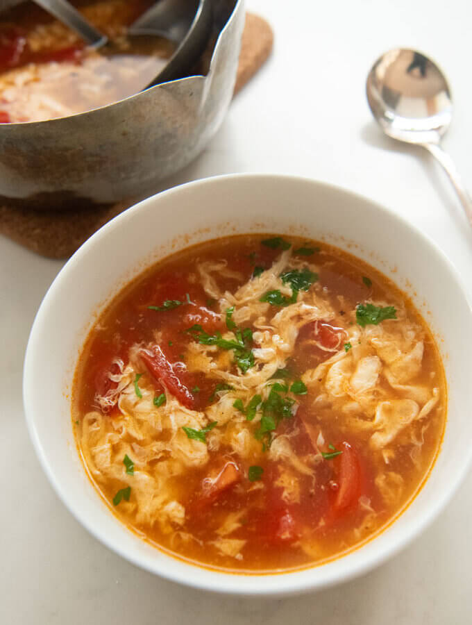 Hero shot of Tomato and Egg Drop Soup Japanese Way.