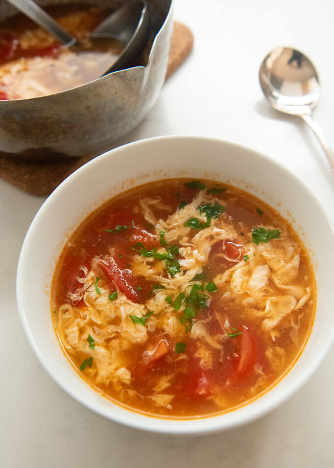 Hero shot of Tomato and Egg Drop Soup Japanese Way.