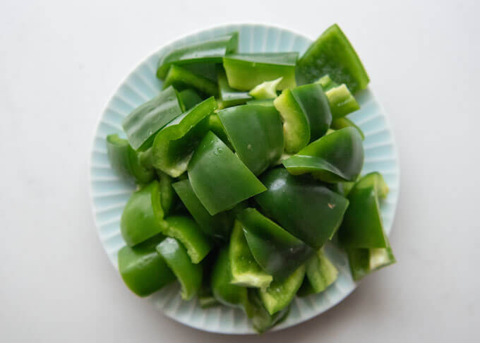 Chopped capsicum into bite-size pieces.