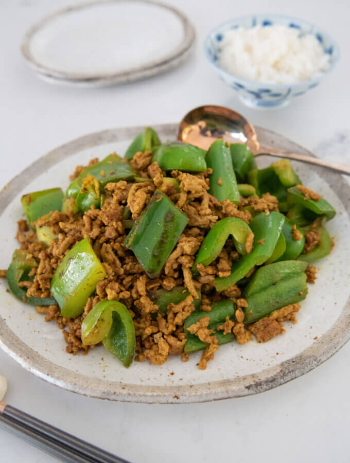 Hero shot of Curry Pork Stir-Fry with Capsicum.