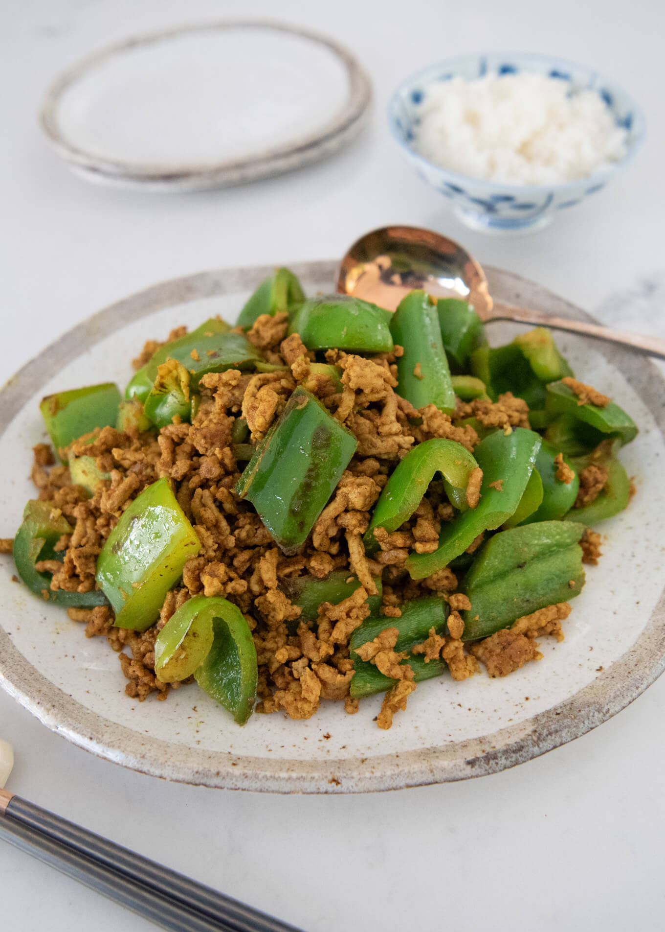 Hero shot of Curry Pork Stir-Fry with Capsicum.