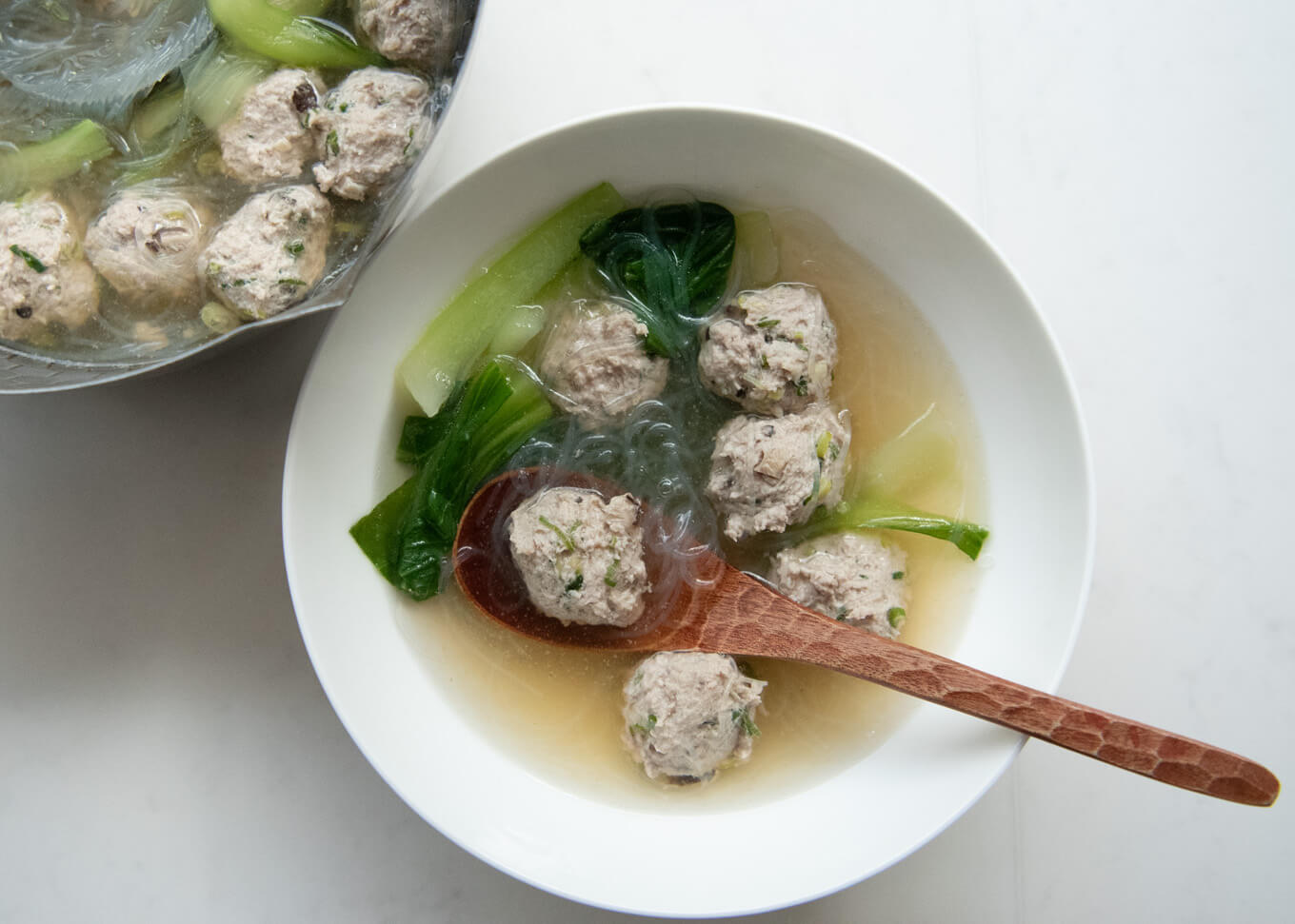 Top-down photo of Pork Meatball and Vermicelli Soup.