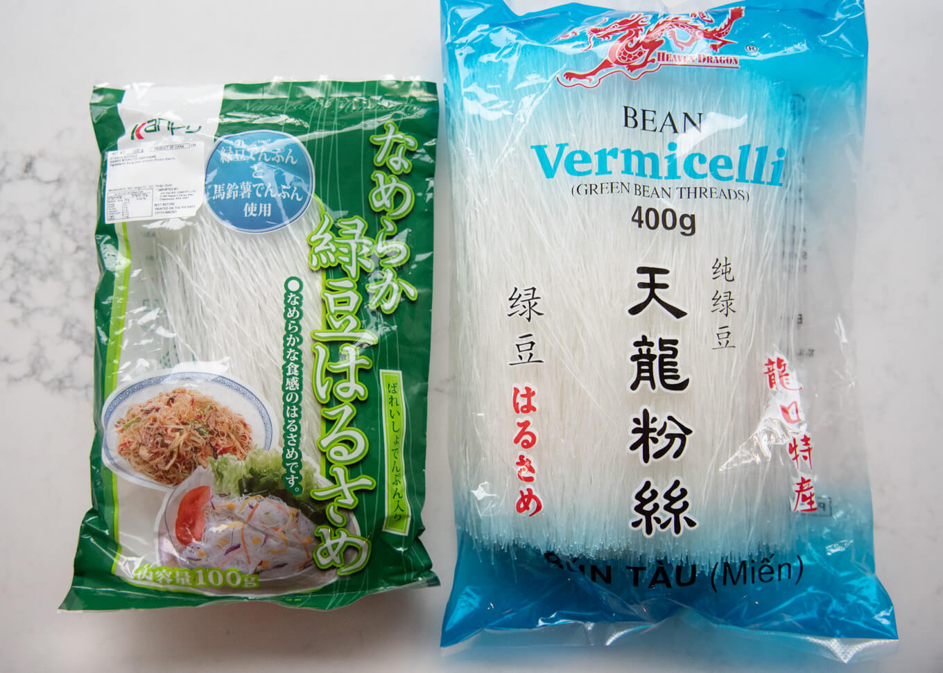 straight cut vermicelli sold at Japanese (left) and Asian (right) grossary stores.