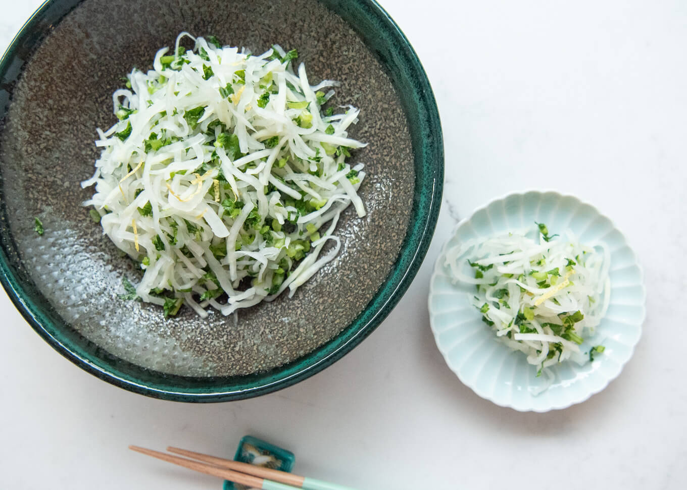 Top-down photo of Salted Daikon Salad (Shio Momi Daikon).