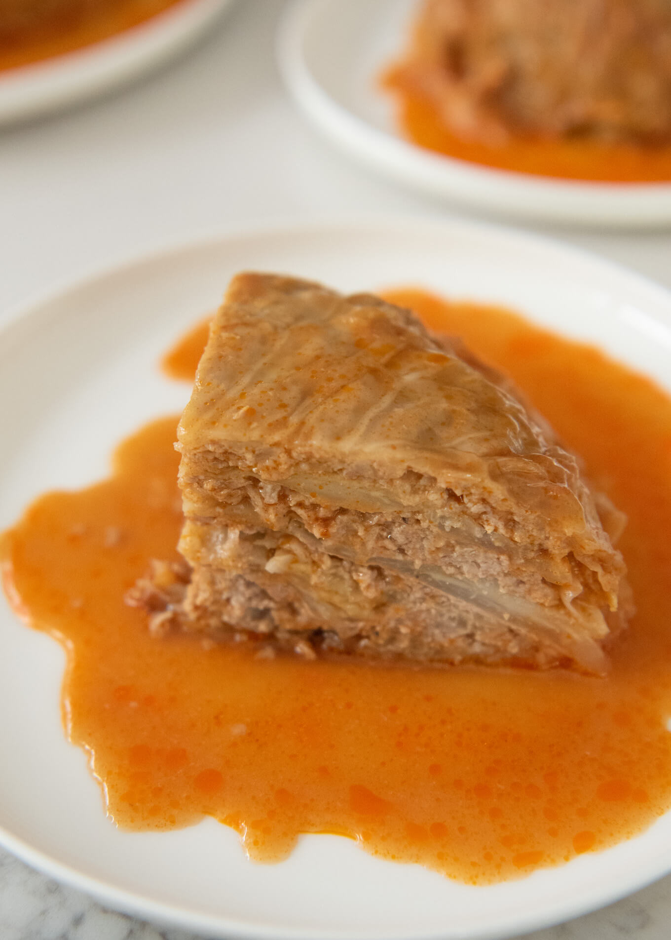 A slice of Simmered Layered Cabbage and Mince.
