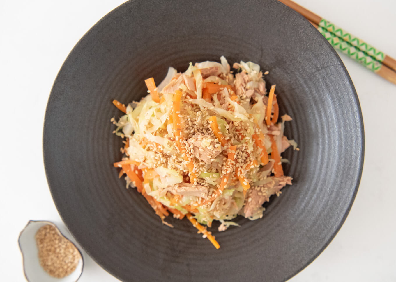 Top-down photo of Tuna Cabbage Salad.