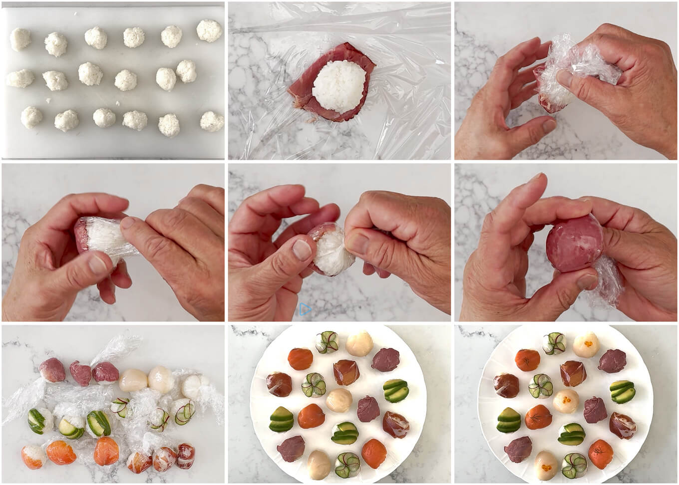 Step-by-step photo of making Temari Sushi.