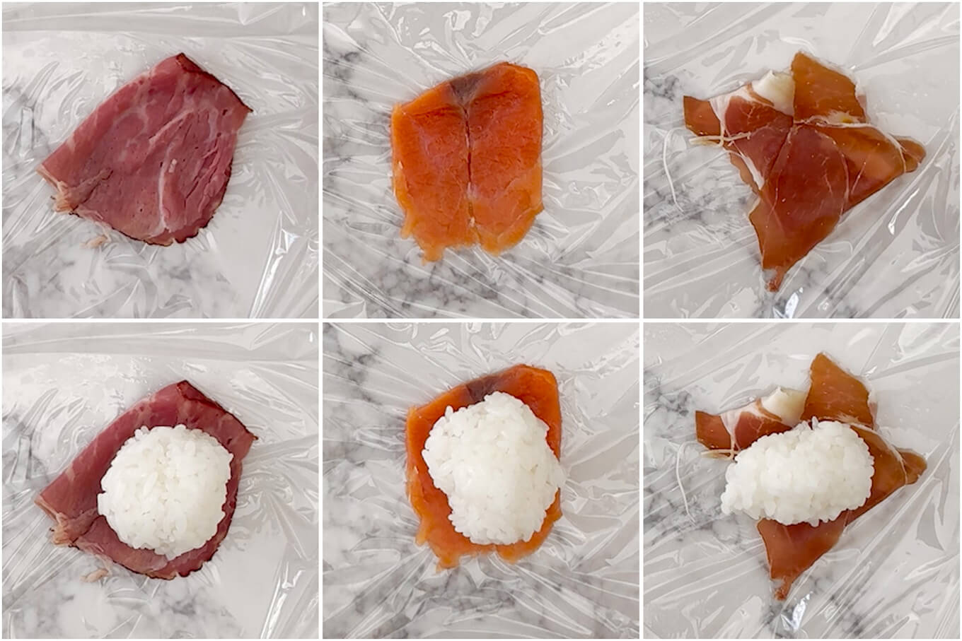 Toppings used in today's Temari Sushi - smoked Wagyu beef, smoked trout, and prosciutto.