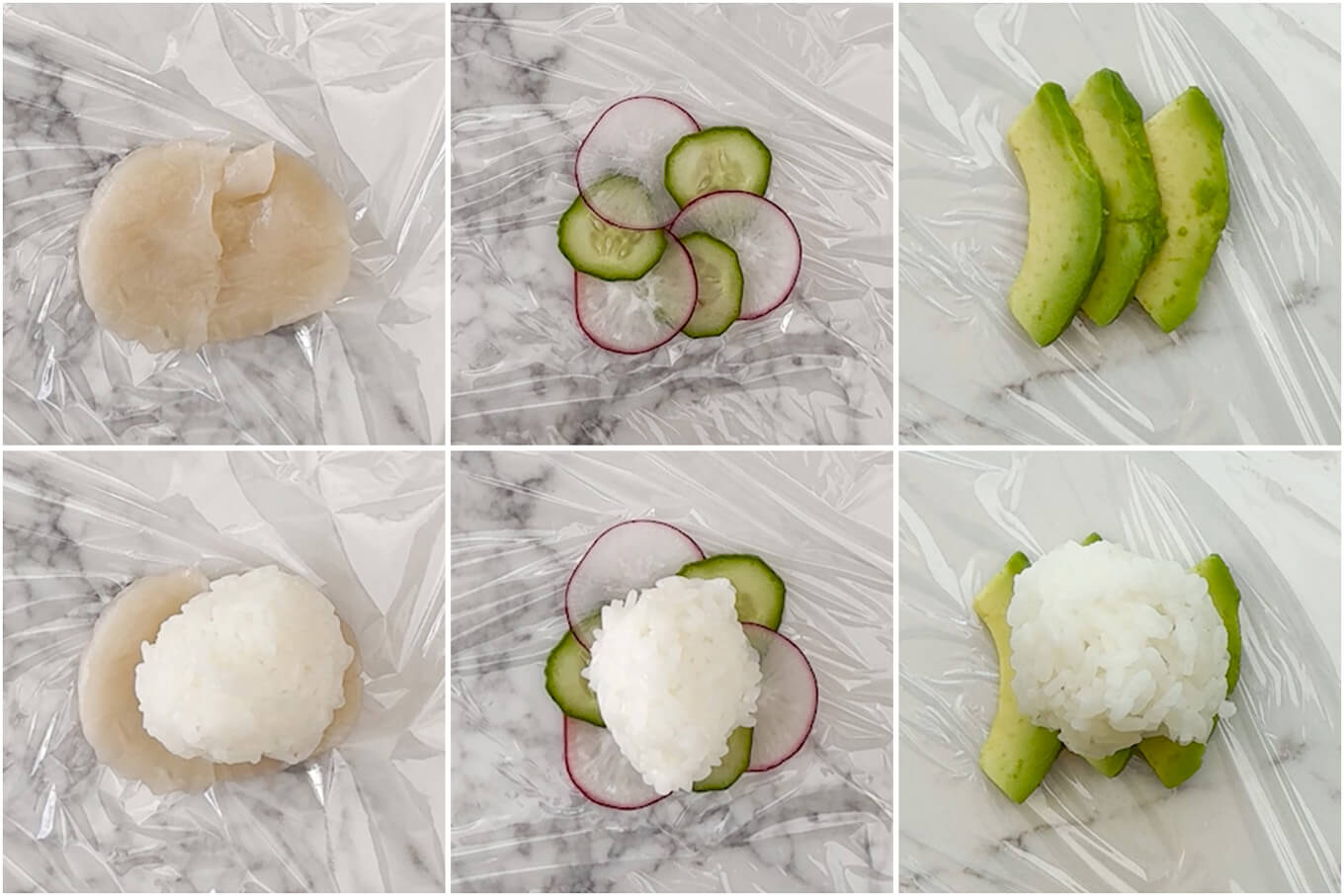 Toppings used in today's Temari Sushi - scallops, cucumber & radish, and avocado..