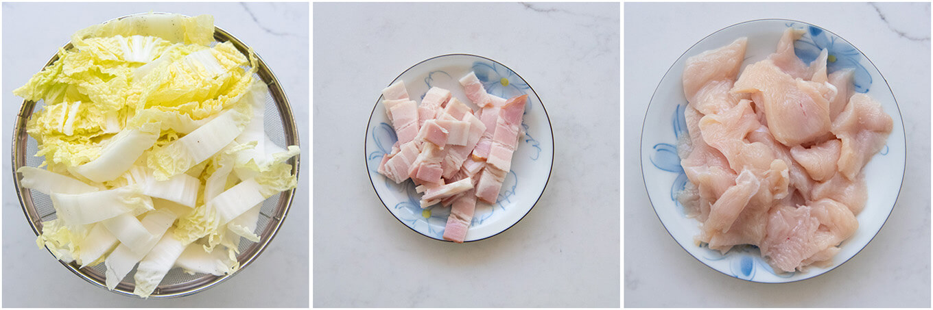 Showing chopped Chinese cabbage & bacon, sliced chicken pieces.