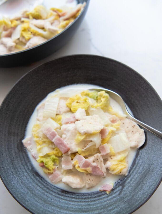 Hero shot of Chicken & Cabbage Simmered in Milk.