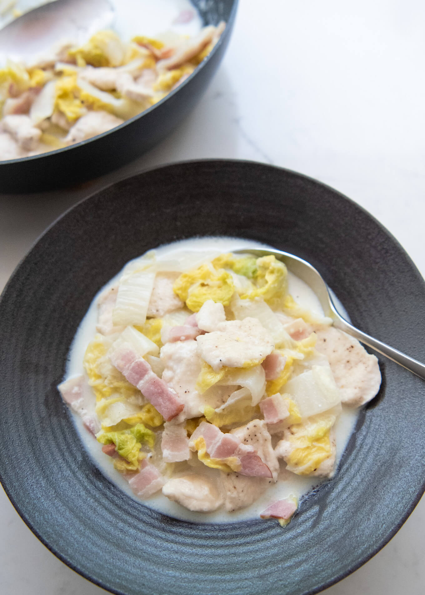 Hero shot of Chicken & Cabbage Simmered in Milk.