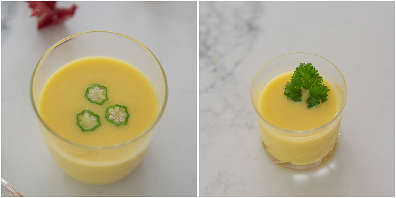Corn Surinagashi served as a starter and a canapé .