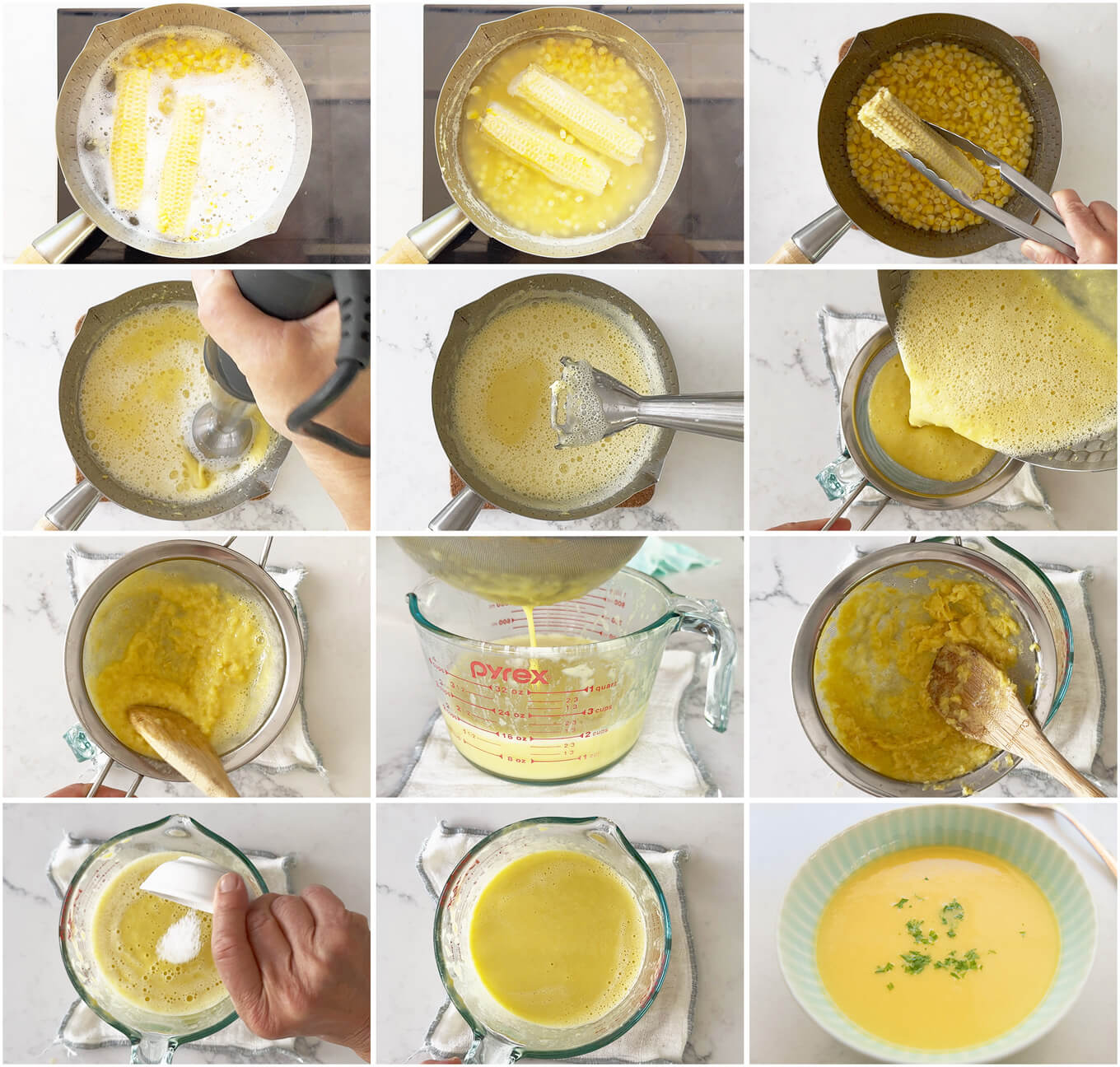 Step-by-step phot of making Japanese-style Sweet Corn Soup (Corn Surinagashi).